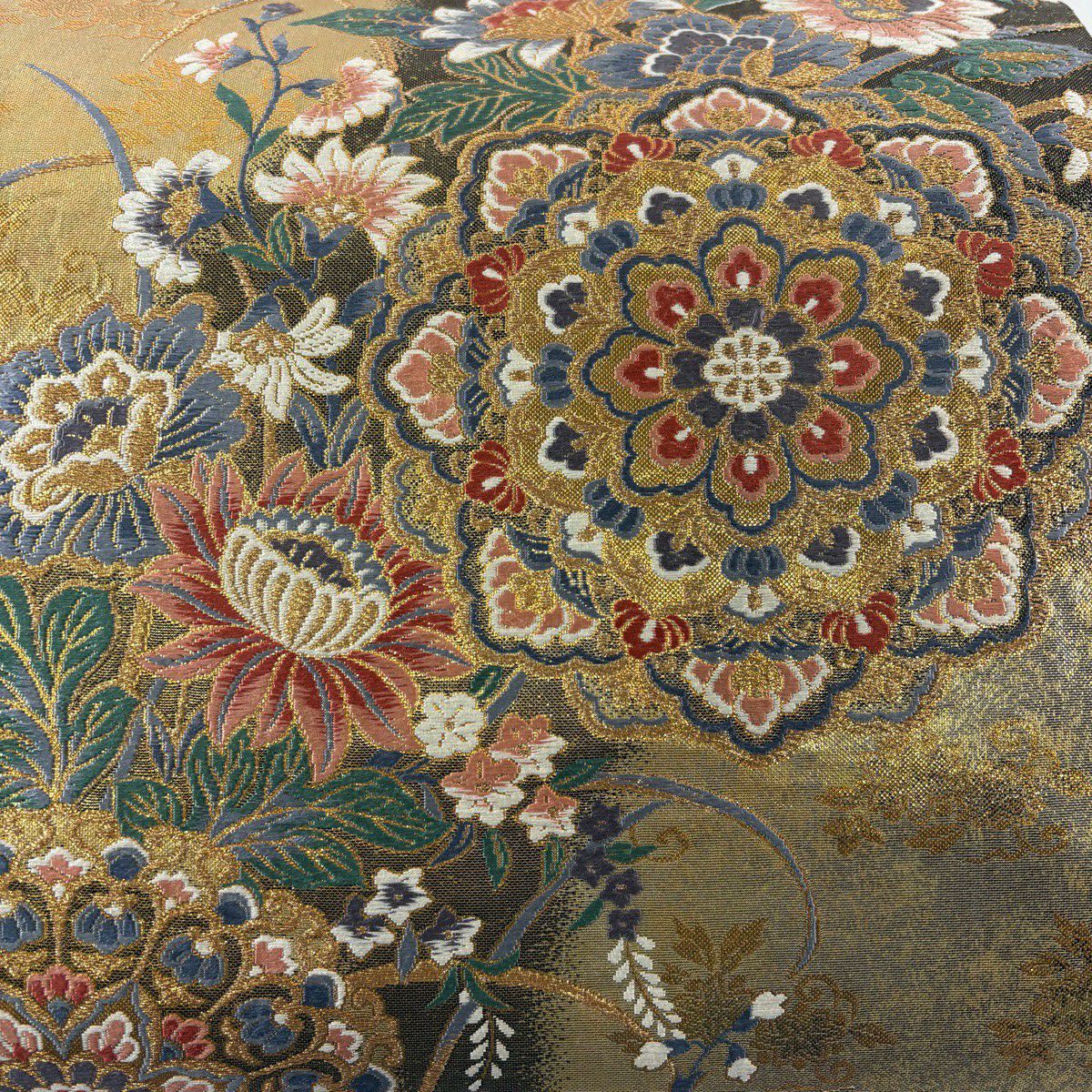 【美品】 袋帶 秀品級 華紋 草花紋 唐織 金金箔 金色 六通 純蠶絲