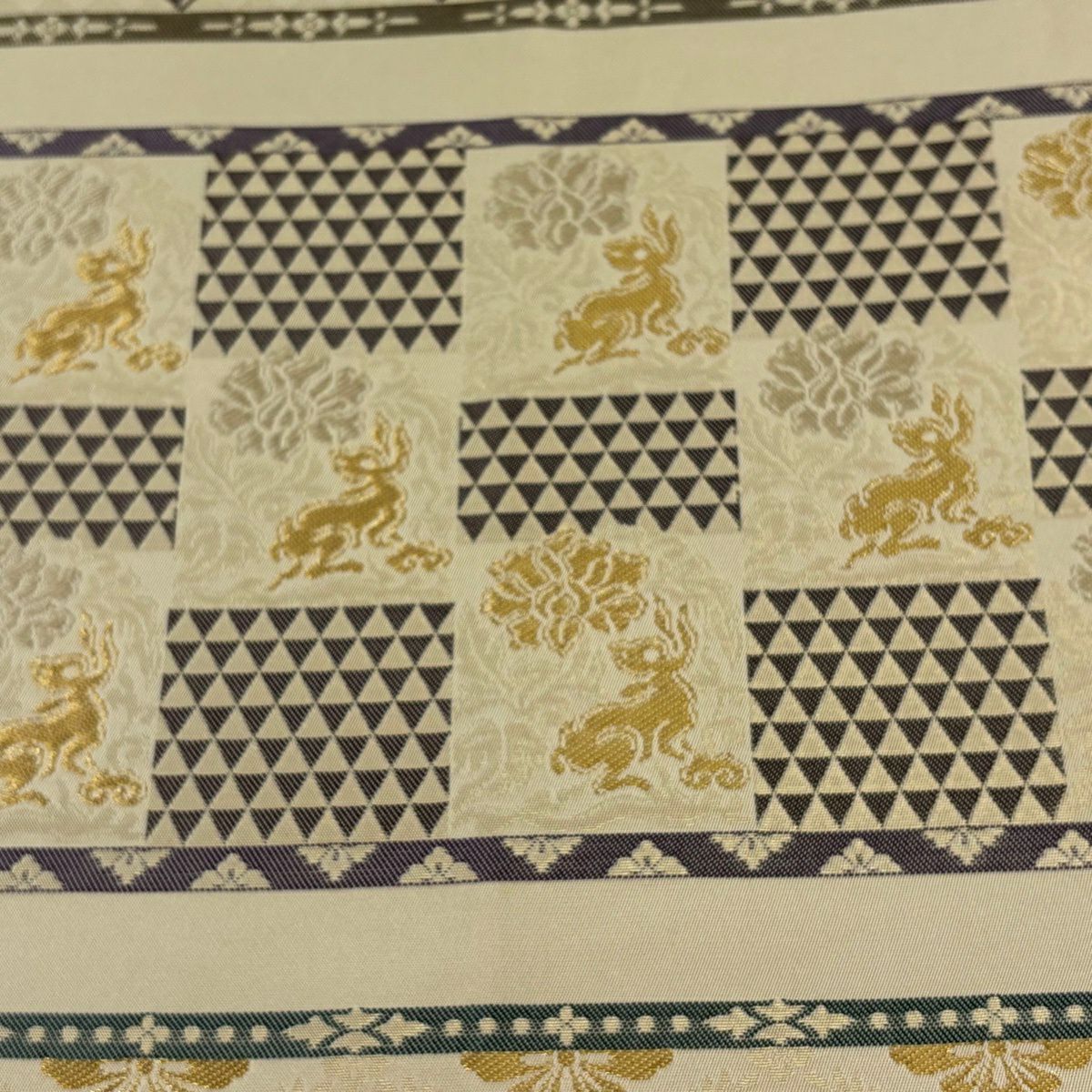 袋帶 秀品級 草木染 農花兔 鱗片 金金箔 米色 全通 純蠶絲