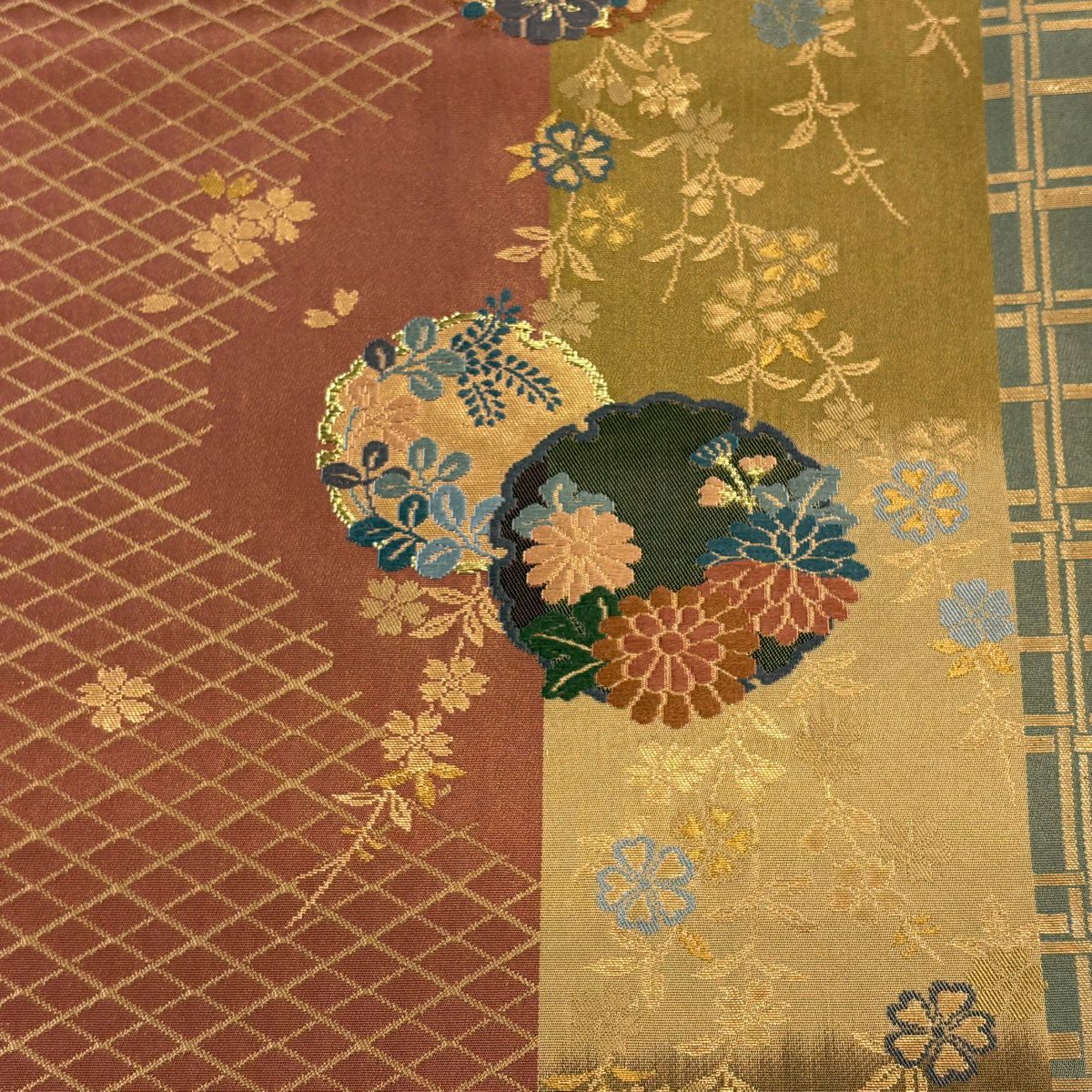 袋帶 秀品級 雪輪 草花紋 金金箔 唐織 紅茶 六通 純蠶絲