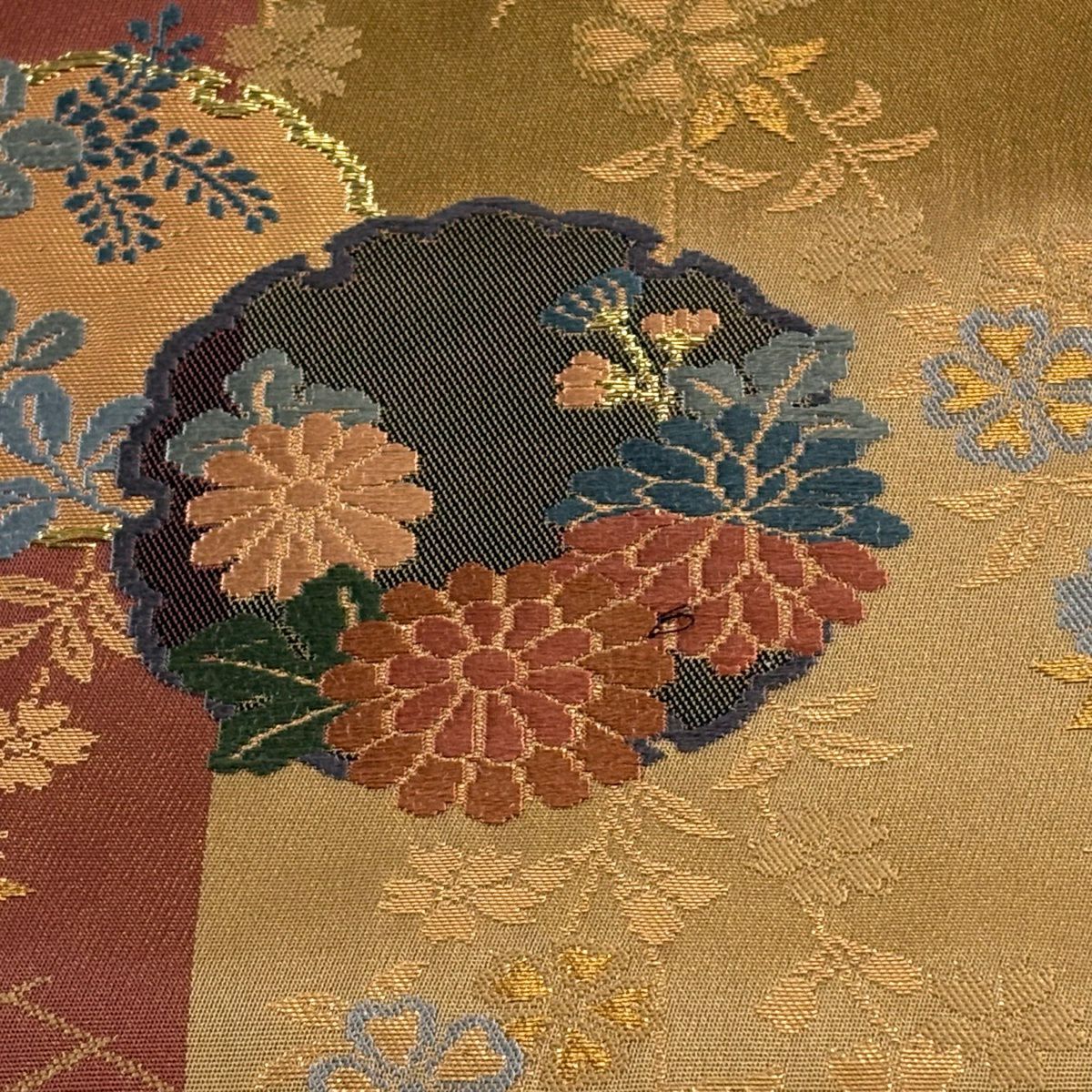 袋帶 秀品級 雪輪 草花紋 金金箔 唐織 紅茶 六通 純蠶絲
