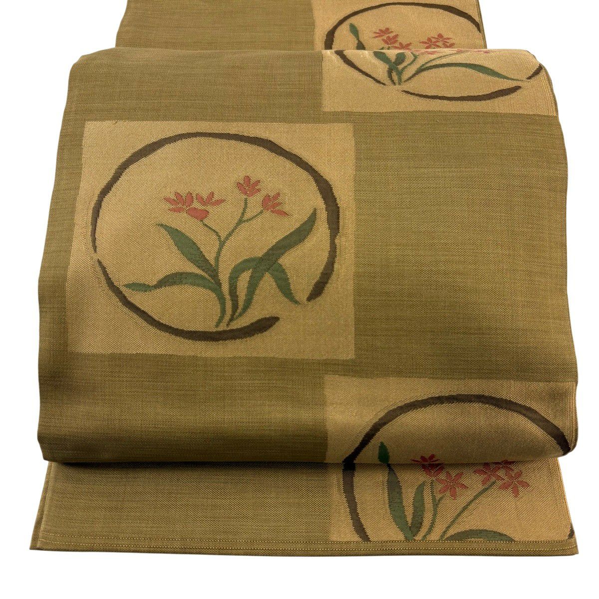 【美品】 袋帶 秀品級 紬織織 草花紋紋 幾何圖案 黃土色 六通 純蠶絲