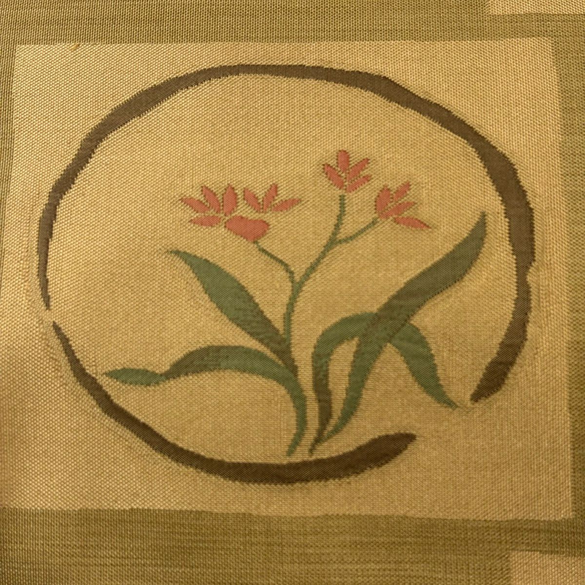 【美品】 袋帶 秀品級 紬織織 草花紋紋 幾何圖案 黃土色 六通 純蠶絲