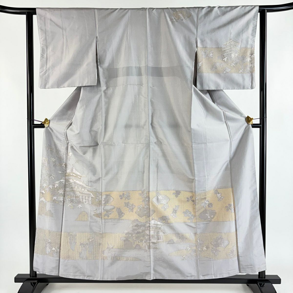 【美品】訪問服 身長158cm 袖長62.5cm S 雙層 建物 楓 金通刺繡 灰紫 純蠶絲 秀品級