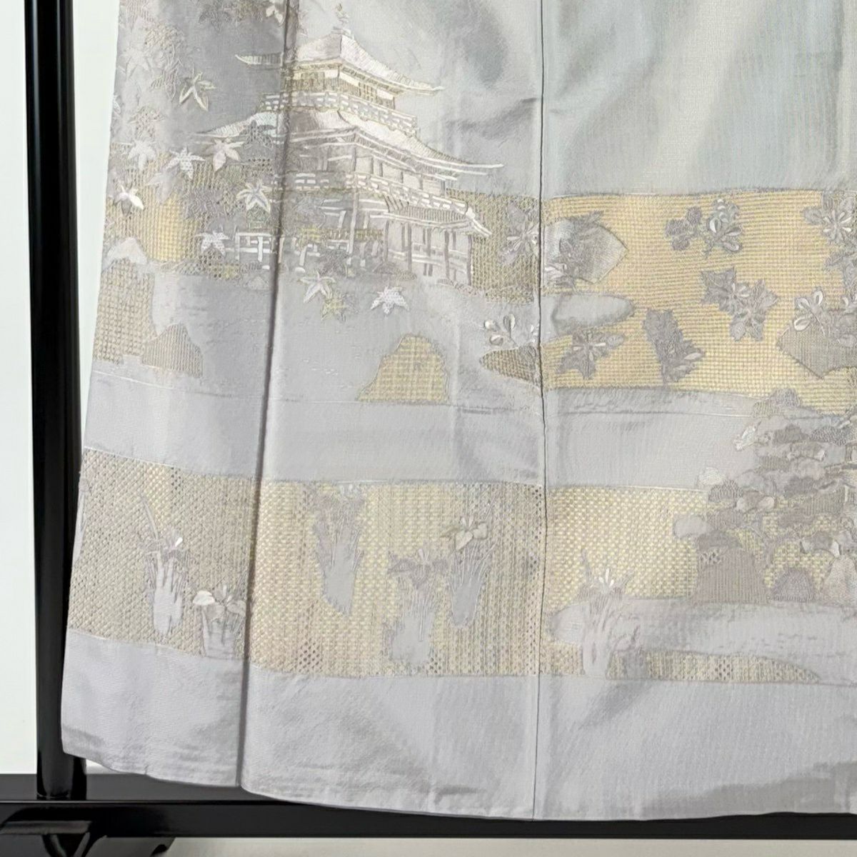 【美品】訪問服 身長158cm 袖長62.5cm S 雙層 建物 楓 金通刺繡 灰紫 純蠶絲 秀品級
