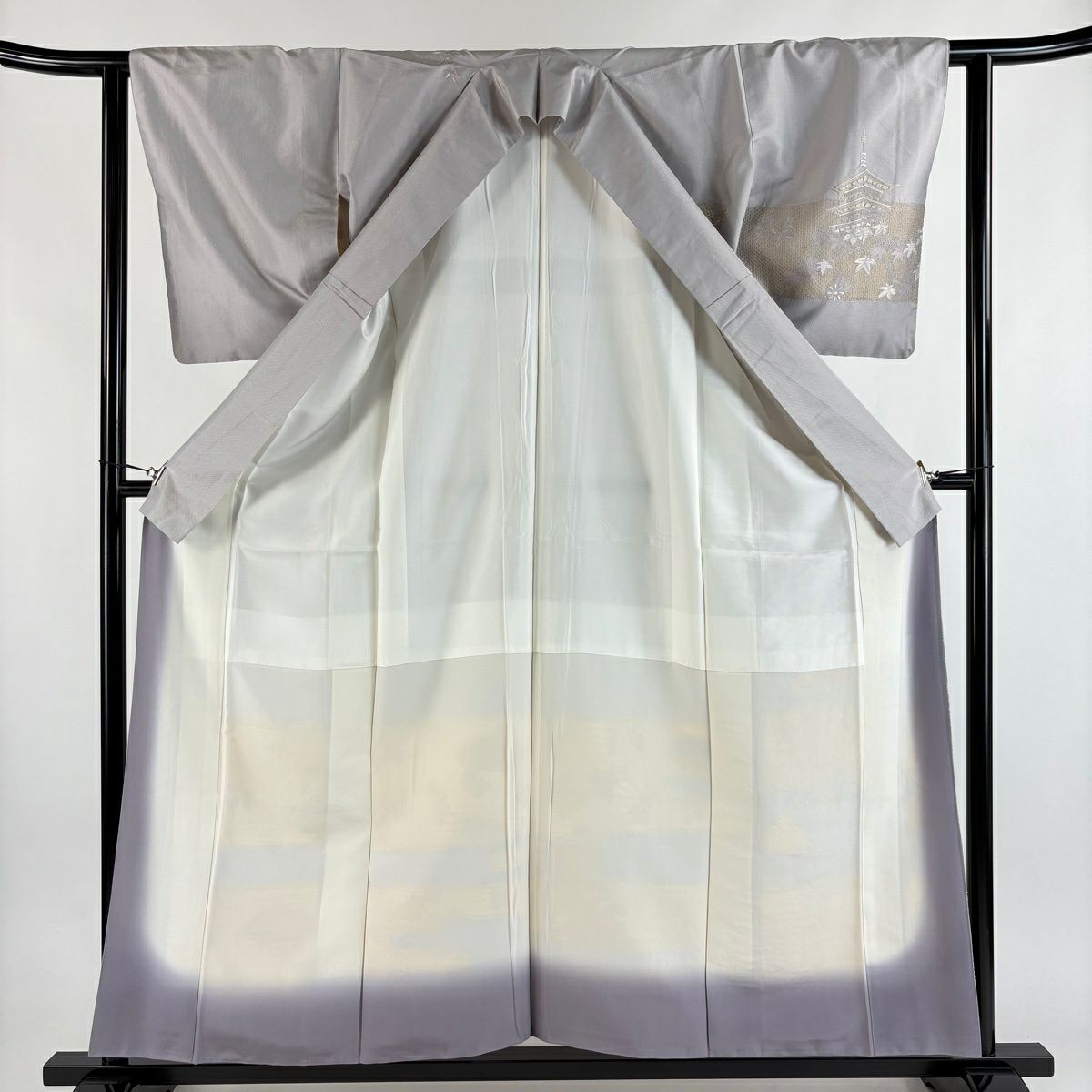 【美品】訪問服 身長158cm 袖長62.5cm S 雙層 建物 楓 金通刺繡 灰紫 純蠶絲 秀品級