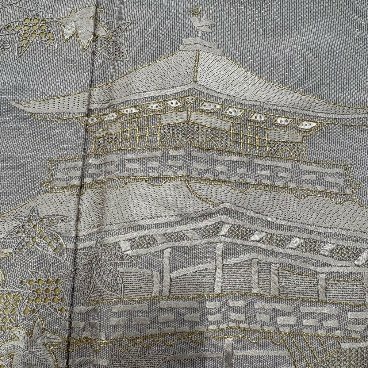 【美品】訪問服 身長158cm 袖長62.5cm S 雙層 建物 楓 金通刺繡 灰紫 純蠶絲 秀品級