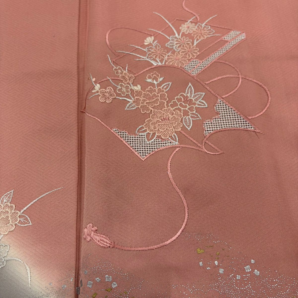 付下 身長171cm 袖長68cm L 雙層 冊子 草花紋紋 刺繡 金銀彩 粉紅 純蠶絲 秀品級 一つ紋