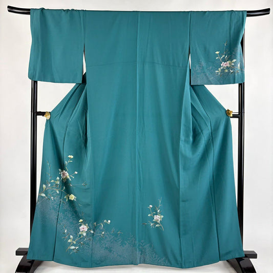 付下 身長163.5cm 袖長67.5cm L 雙層 枝花 金銀彩 綠 純蠶絲 秀品級
