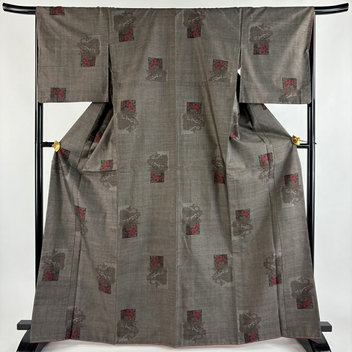 【美品】 紬織 身長166cm 袖長67cm M 雙層 色紙 草花紋紋 焦茶 純蠶絲 秀品級