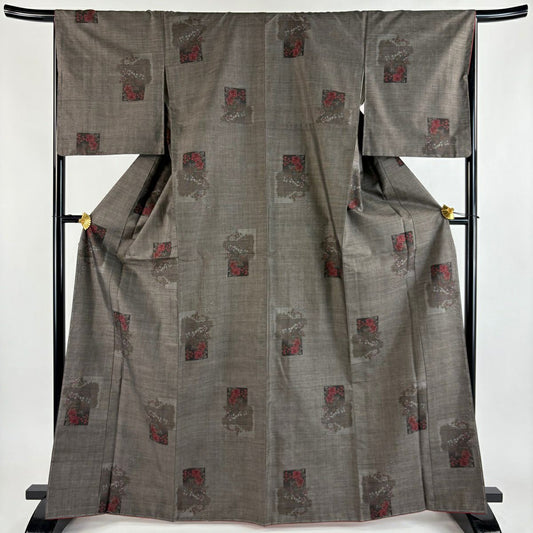 【美品】 紬織 身長166cm 袖長67cm M 雙層 色紙 草花紋紋 焦茶 純蠶絲 秀品級