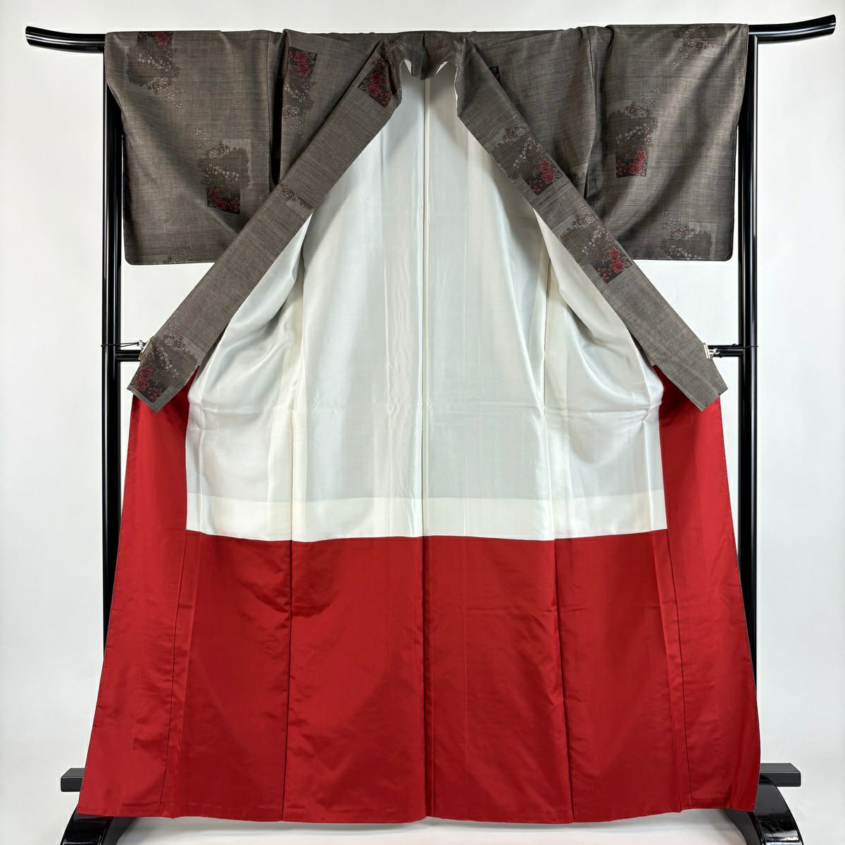 【美品】 紬織 身長166cm 袖長67cm M 雙層 色紙 草花紋紋 焦茶 純蠶絲 秀品級