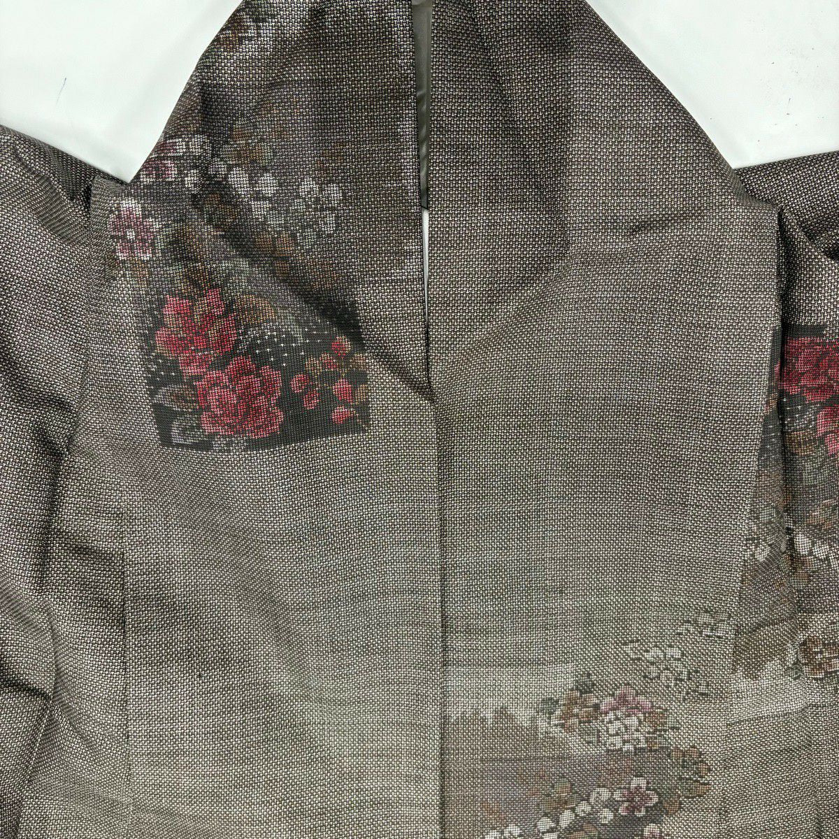 【美品】 紬織 身長166cm 袖長67cm M 雙層 色紙 草花紋紋 焦茶 純蠶絲 秀品級