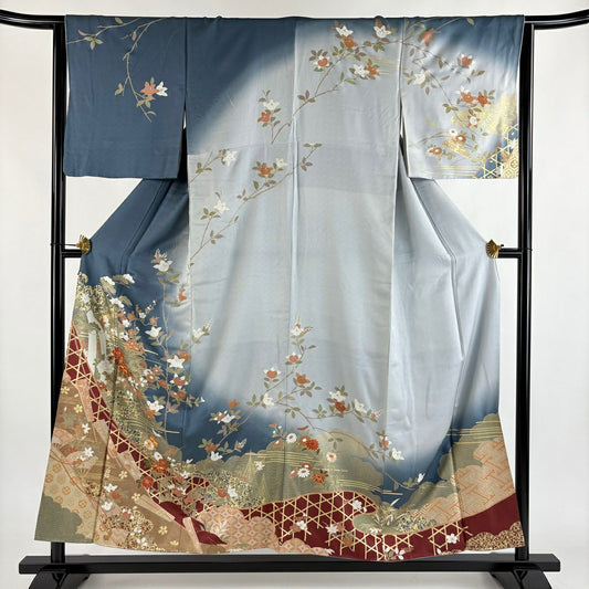 訪問服 身長155cm 袖長64cm M 雙層 草花紋紋 扇子子 金絲 金銀彩 青灰 純蠶絲 秀品級