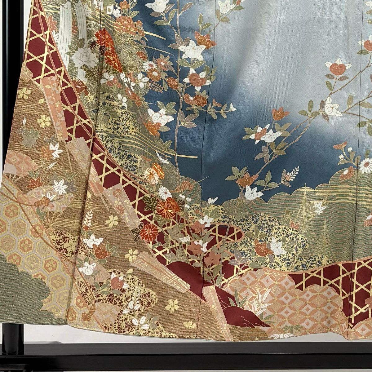 訪問服 身長155cm 袖長64cm M 雙層 草花紋紋 扇子子 金絲 金銀彩 青灰 純蠶絲 秀品級