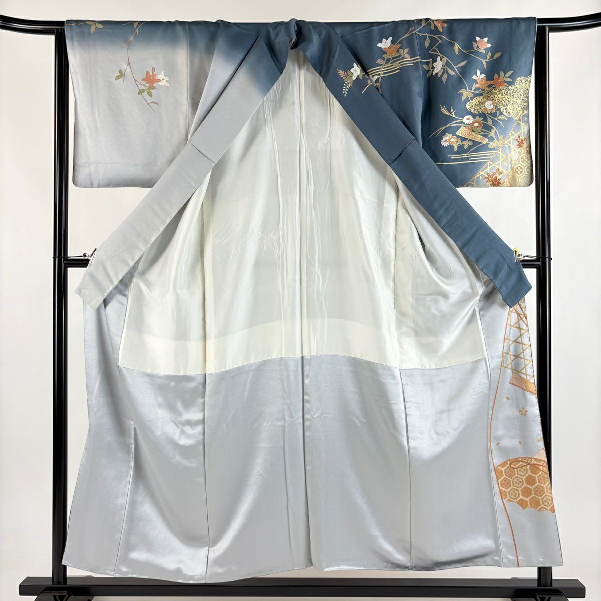 訪問服 身長155cm 袖長64cm M 雙層 草花紋紋 扇子子 金絲 金銀彩 青灰 純蠶絲 秀品級