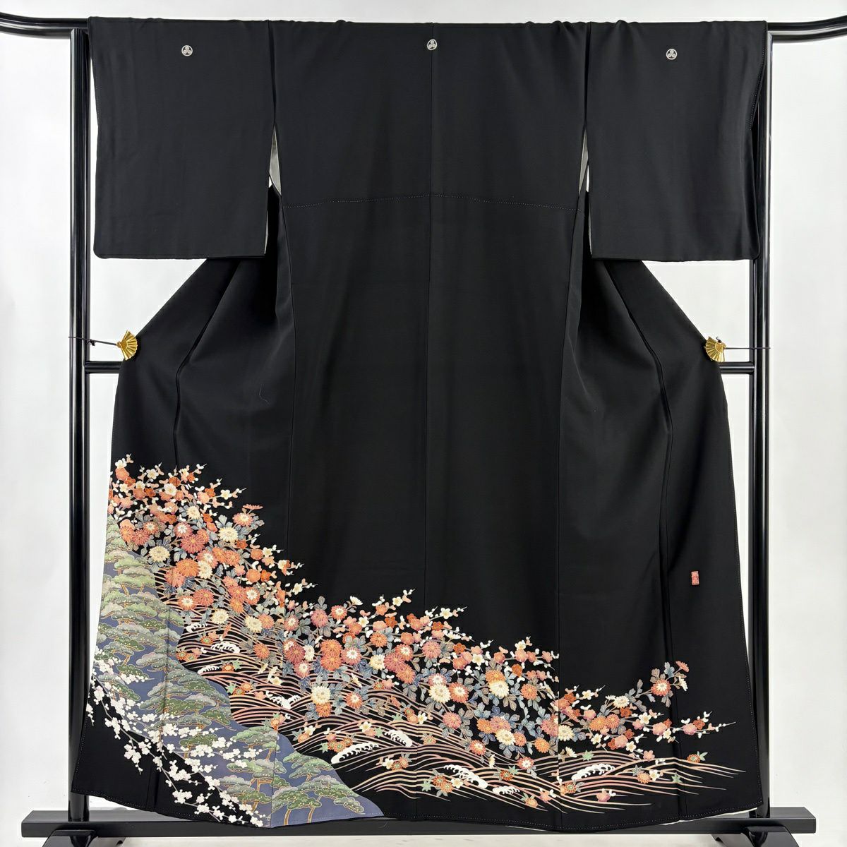 黑留袖禮服 身長156.5cm 袖長66cm M 雙層 附有落款 松樹梅花 菊花 黑 純蠶絲 優品級