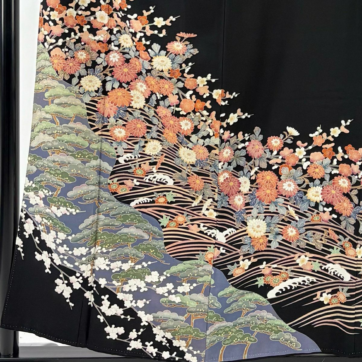 黑留袖禮服 身長156.5cm 袖長66cm M 雙層 附有落款 松樹梅花 菊花 黑 純蠶絲 優品級