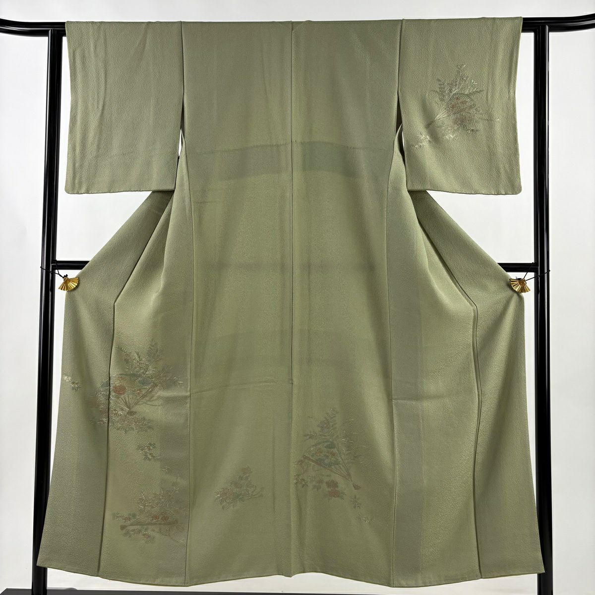 【美品】 付下 身長151.5cm 袖長61cm S 雙層 鈴乃屋 扇子 草花紋刺繡 金線 灰綠 純蠶絲 秀品級