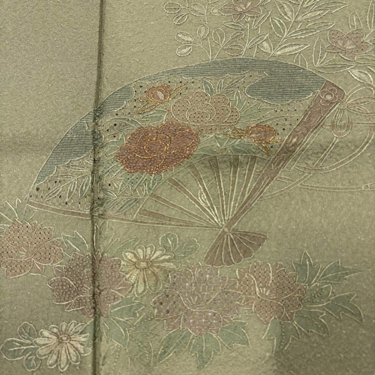 【美品】 付下 身長151.5cm 袖長61cm S 雙層 鈴乃屋 扇子 草花紋刺繡 金線 灰綠 純蠶絲 秀品級