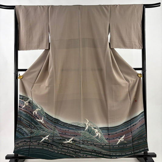 【美品】 留袖禮服禮服 身長159.5cm 袖長66cm M 雙層 落款あり 仙鶴 波 金銀彩 漸層 灰茶 純蠶絲 秀品級
