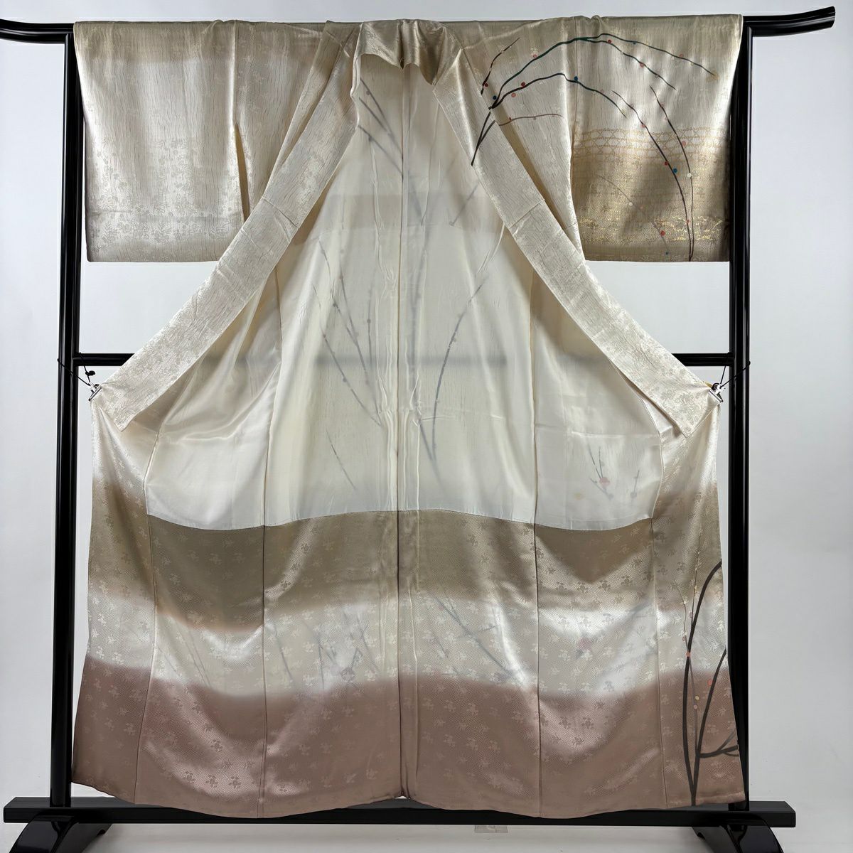 訪問服 身長159cm 袖長65cm M 雙層 枝梅花 櫻花 金銀彩 米色 純蠶絲 優品級