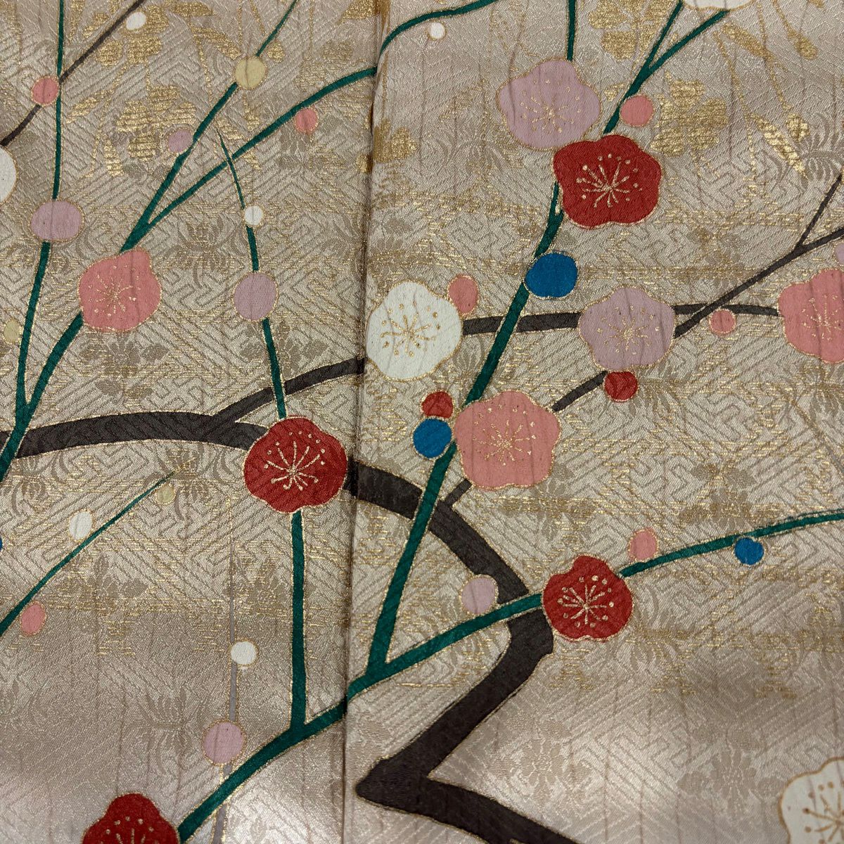 訪問服 身長159cm 袖長65cm M 雙層 枝梅花 櫻花 金銀彩 米色 純蠶絲 優品級