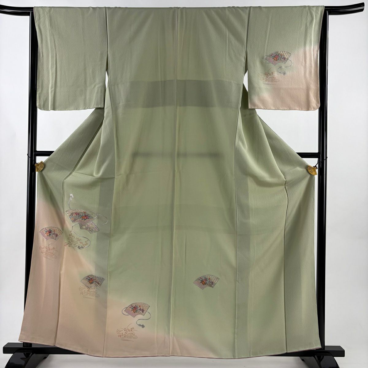 付下 身長160.5cm 袖長65cm M 雙層 扇子面 草花紋刺繡 金銀彩 灰綠 純蠶絲 秀品級