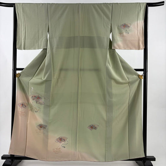 付下 身長160.5cm 袖長65cm M 雙層 扇子面 草花紋刺繡 金銀彩 灰綠 純蠶絲 秀品級