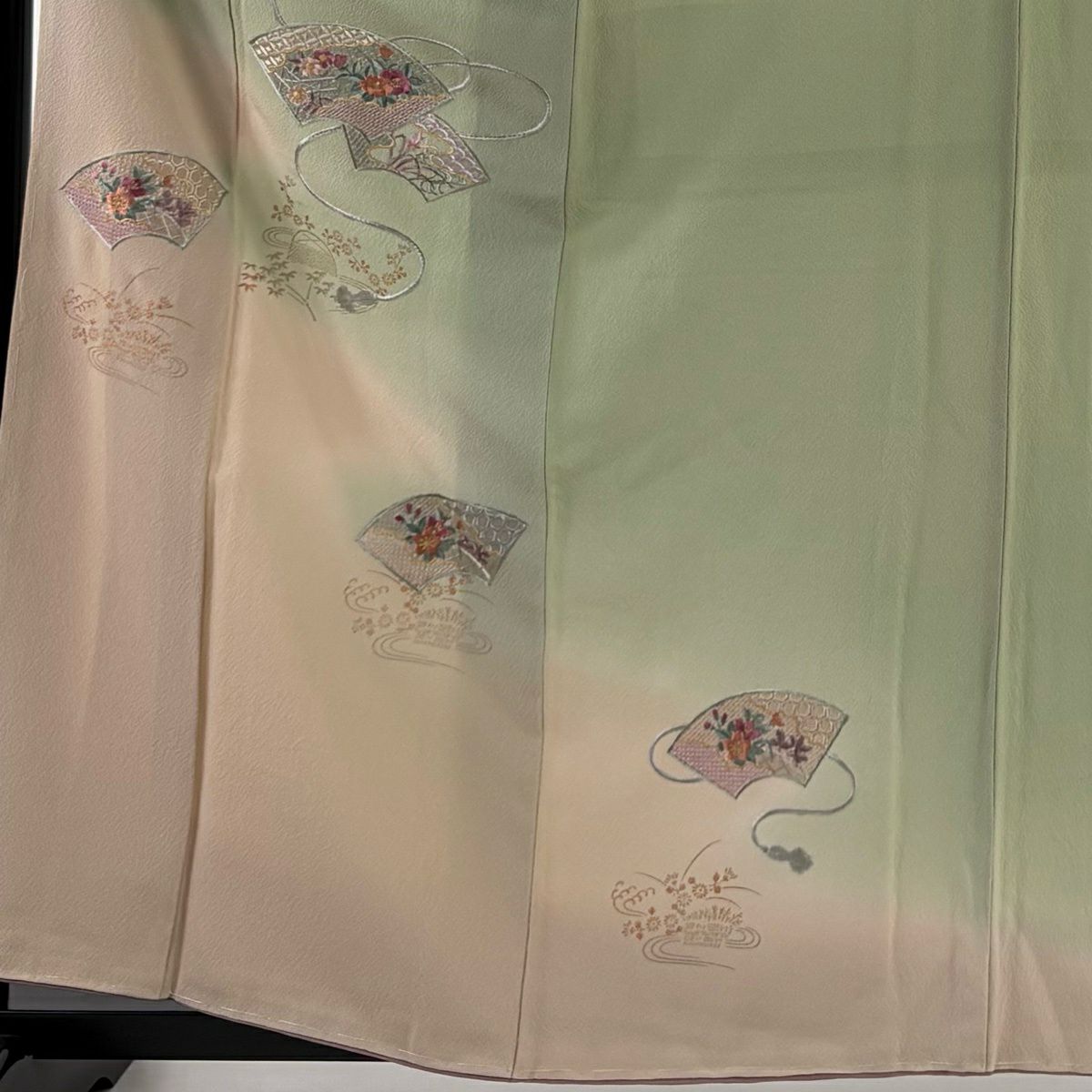 付下 身長160.5cm 袖長65cm M 雙層 扇子面 草花紋刺繡 金銀彩 灰綠 純蠶絲 秀品級