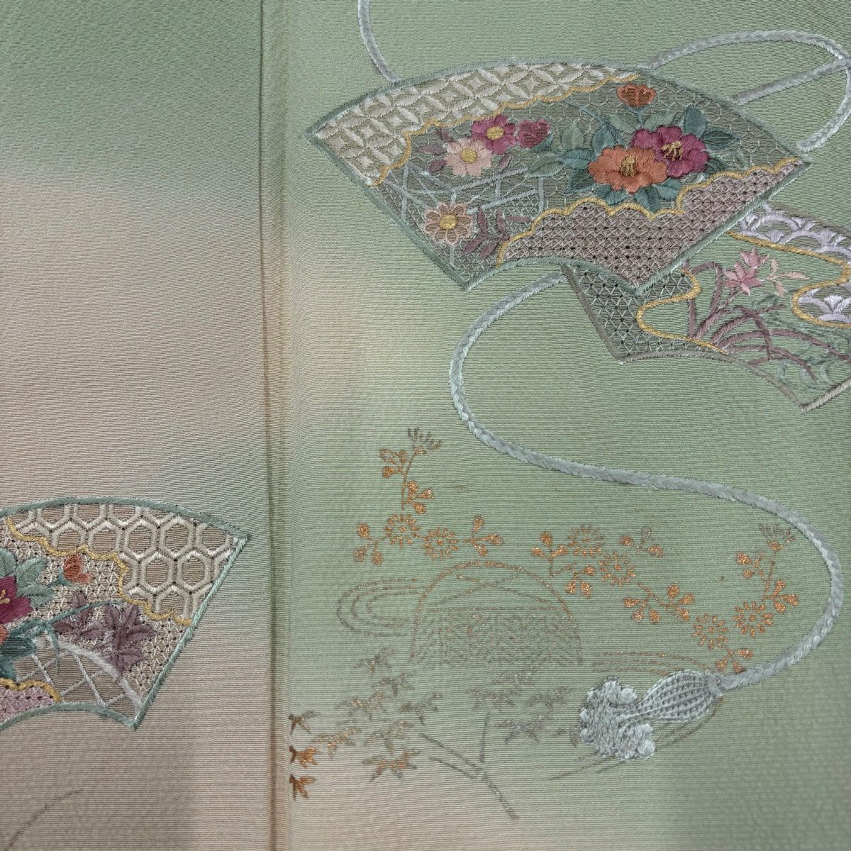 付下 身長160.5cm 袖長65cm M 雙層 扇子面 草花紋刺繡 金銀彩 灰綠 純蠶絲 秀品級