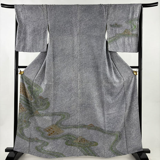 訪問服 身長164cm 袖長66.5cm M 雙層 流水 七寶 灰 純蠶絲 秀品級
