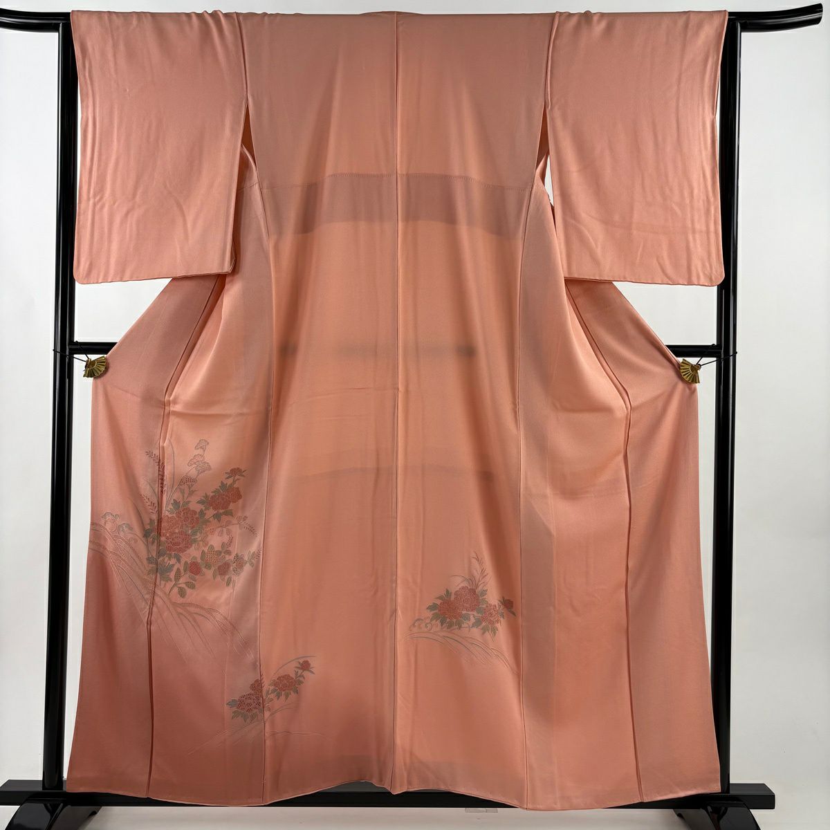 【美品】 付下 身長157cm 袖長64cm M 雙層 草花紋紋 波 刺繡 漸層 鮭粉色 純蠶絲 優品級