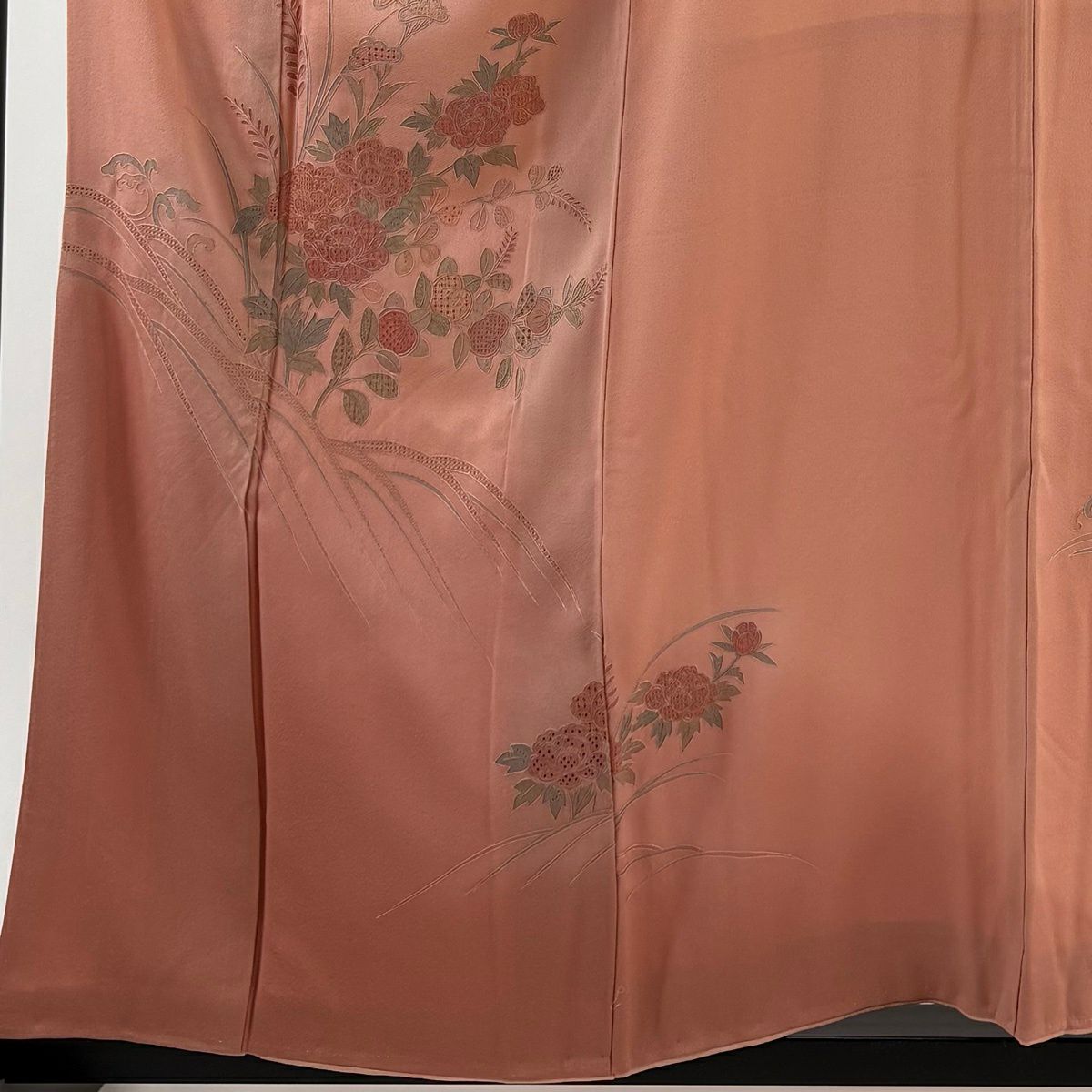 【美品】 付下 身長157cm 袖長64cm M 雙層 草花紋紋 波 刺繡 漸層 鮭粉色 純蠶絲 優品級