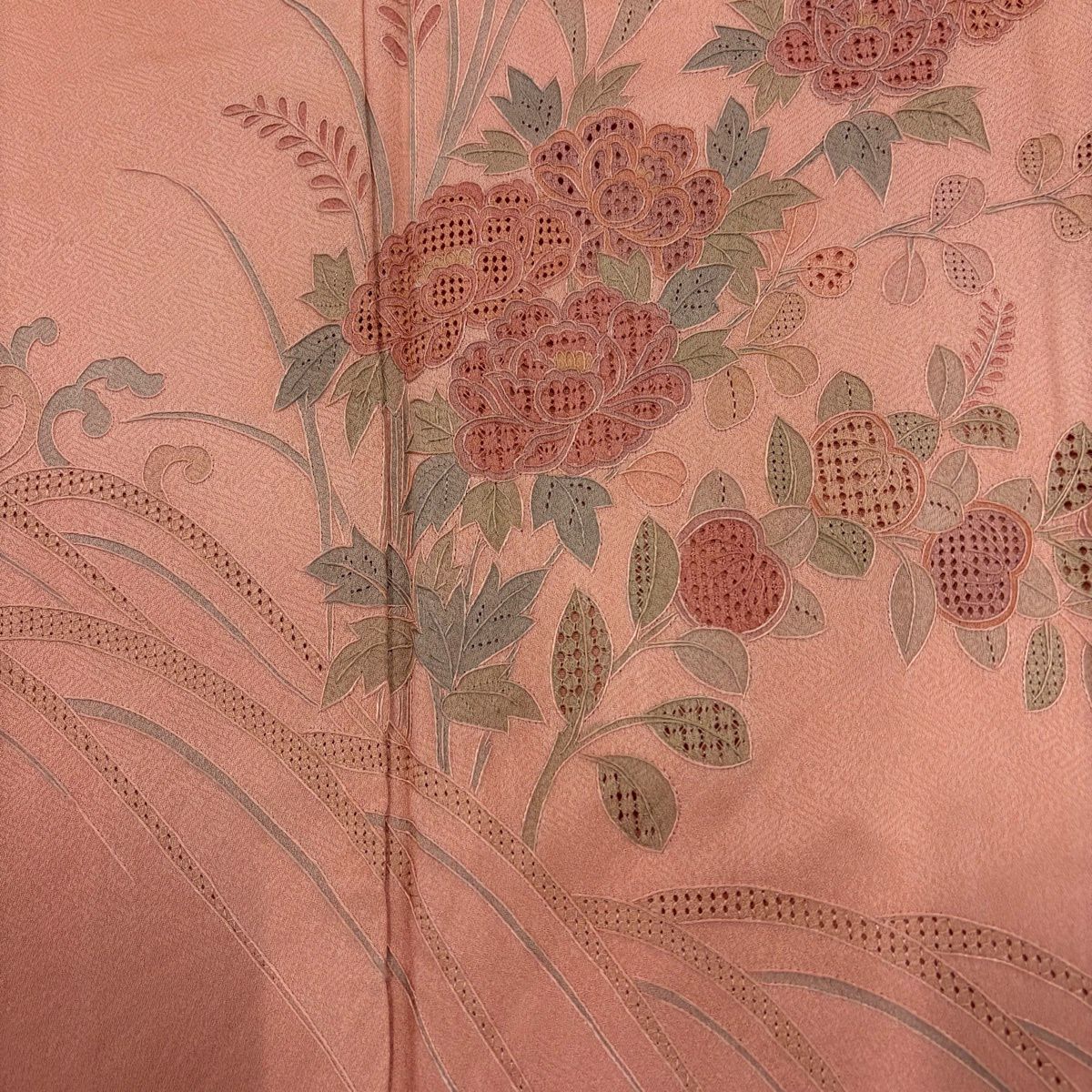 【美品】 付下 身長157cm 袖長64cm M 雙層 草花紋紋 波 刺繡 漸層 鮭粉色 純蠶絲 優品級