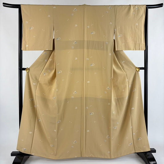 【美品】 小紋 身長160cm 袖長64.5cm M 雙層 ますいわ屋 草花紋紋 米色 純蠶絲 優品級
