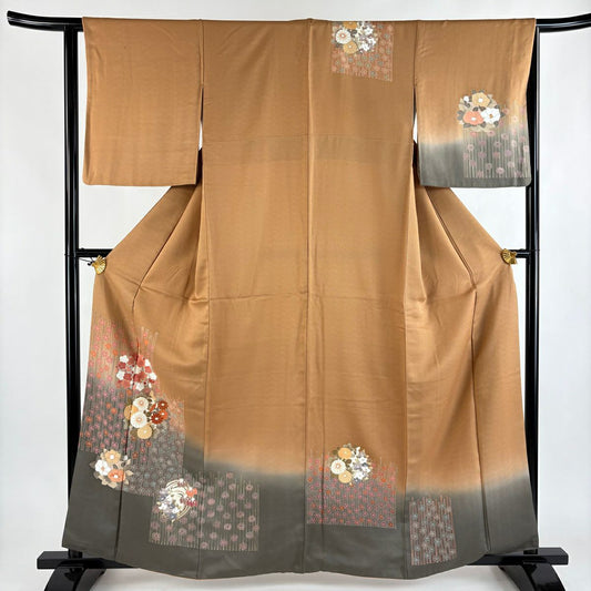 訪問服 身長160.5cm 袖長63.5cm S 雙層 花丸紋 櫻花 金彩裝飾 染分 紅茶 純蠶絲 優品級