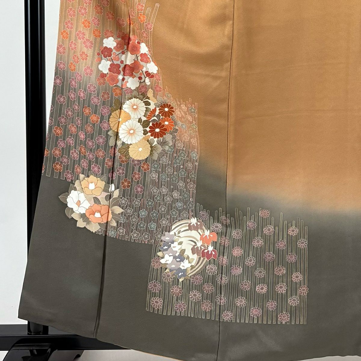 訪問服 身長160.5cm 袖長63.5cm S 雙層 花丸紋 櫻花 金彩裝飾 染分 紅茶 純蠶絲 優品級