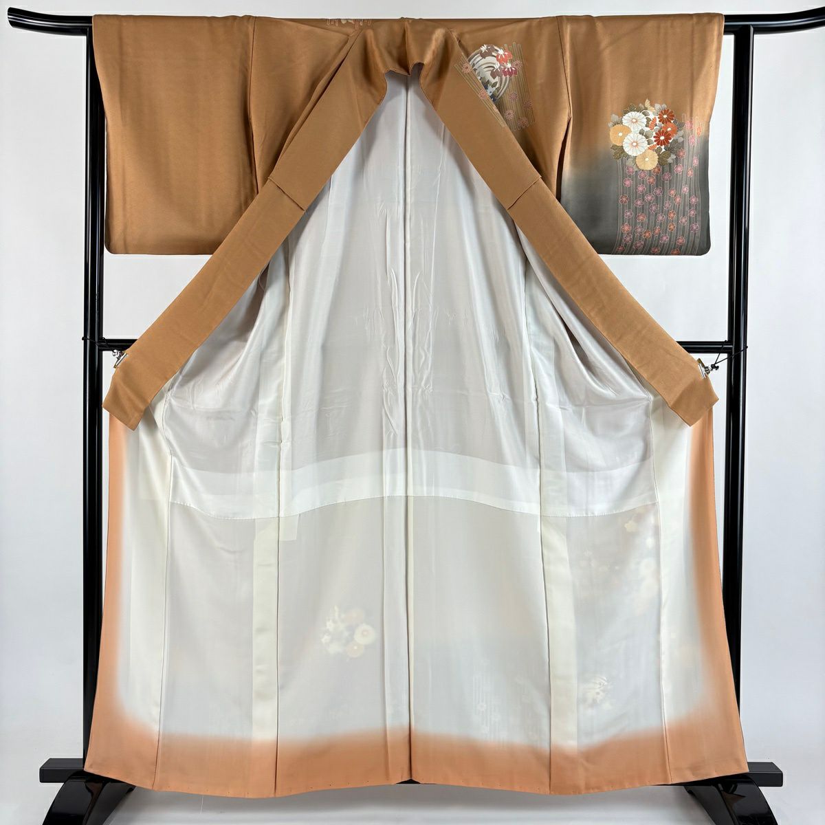 訪問服 身長160.5cm 袖長63.5cm S 雙層 花丸紋 櫻花 金彩裝飾 染分 紅茶 純蠶絲 優品級