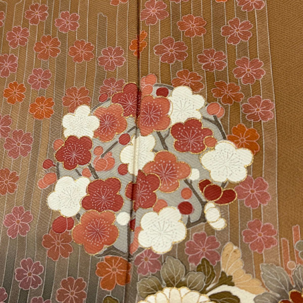 訪問服 身長160.5cm 袖長63.5cm S 雙層 花丸紋 櫻花 金彩裝飾 染分 紅茶 純蠶絲 優品級