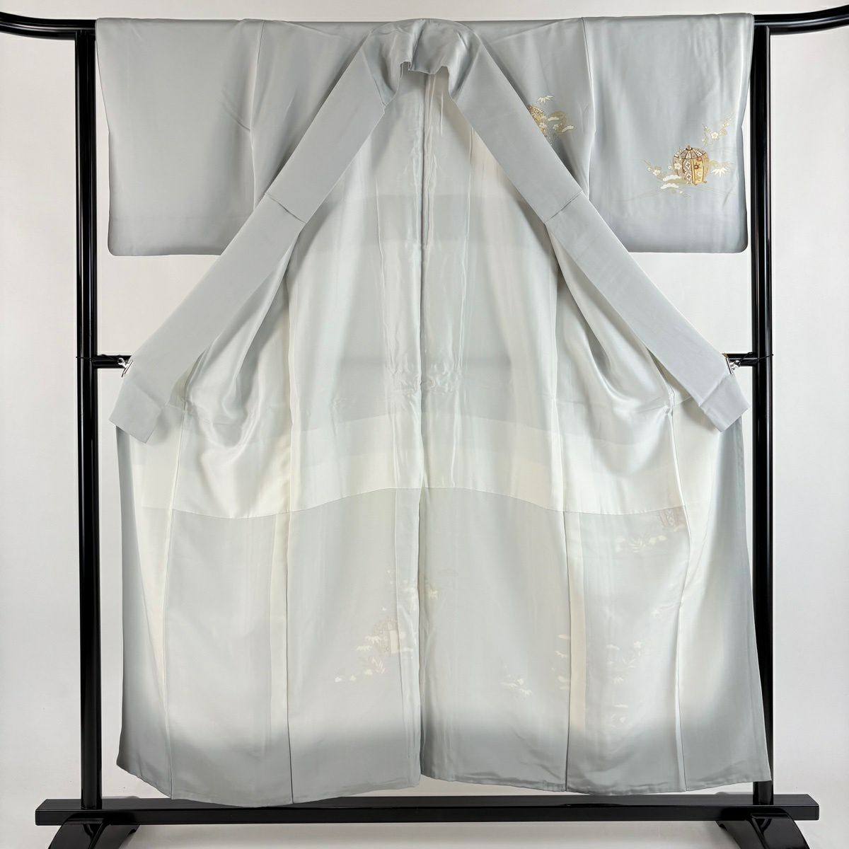 付下 身長154cm 袖長63.5cm S 雙層 香爐 松樹竹子梅花 金銀彩 青灰 純蠶絲 秀品級 一個紋