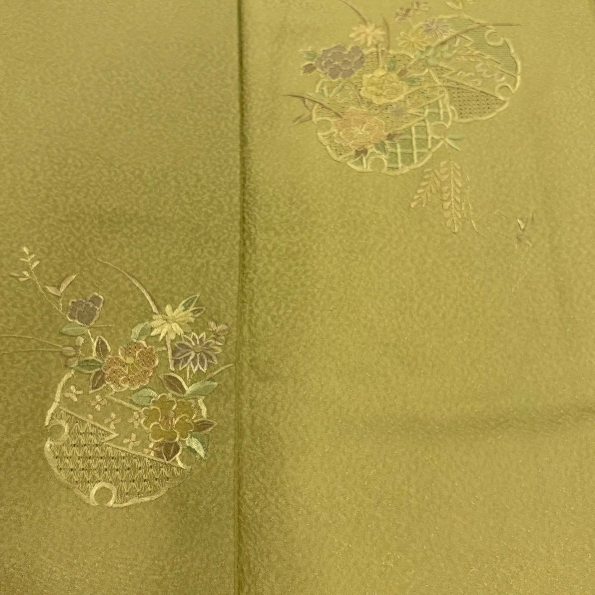 付下 身長164cm 袖長65.5cm M 雙層 雪輪 枝花 刺繡 漸層 黃綠 純蠶絲 優品級