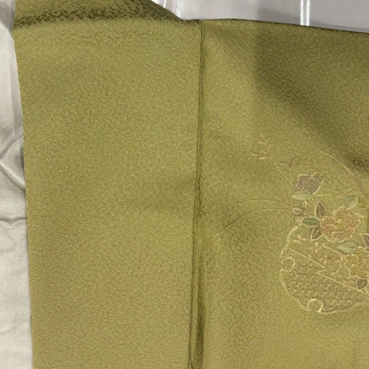 付下 身長164cm 袖長65.5cm M 雙層 雪輪 枝花 刺繡 漸層 黃綠 純蠶絲 優品級