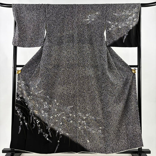 【美品】 付下 身長159.5cm 袖長67.5cm L 雙層 萩 金絲 金銀彩 黑 純蠶絲 優品級