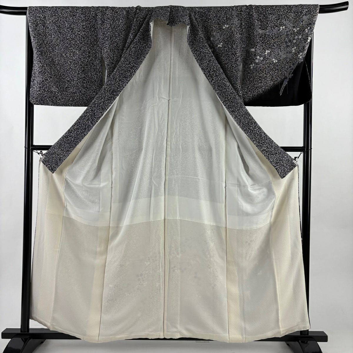【美品】 付下 身長159.5cm 袖長67.5cm L 雙層 萩 金絲 金銀彩 黑 純蠶絲 優品級