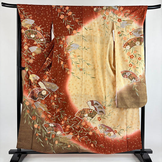 振袖禮服 身長157.5cm 袖長66cm M 雙層 扇子面 櫻花 金銀彩 漸層 紅茶 純蠶絲 優品級