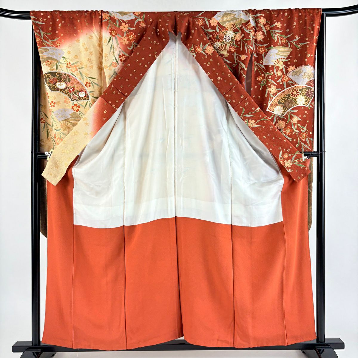 振袖禮服 身長157.5cm 袖長66cm M 雙層 扇子面 櫻花 金銀彩 漸層 紅茶 純蠶絲 優品級