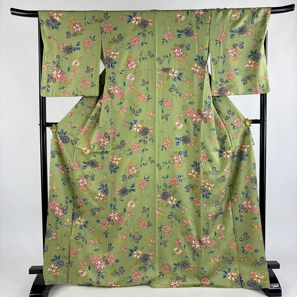 【美品】 小紋 身長168.5cm 袖長67cm M 雙層 草花紋紋 桧垣 金銀彩 艾草色 純蠶絲 秀品級