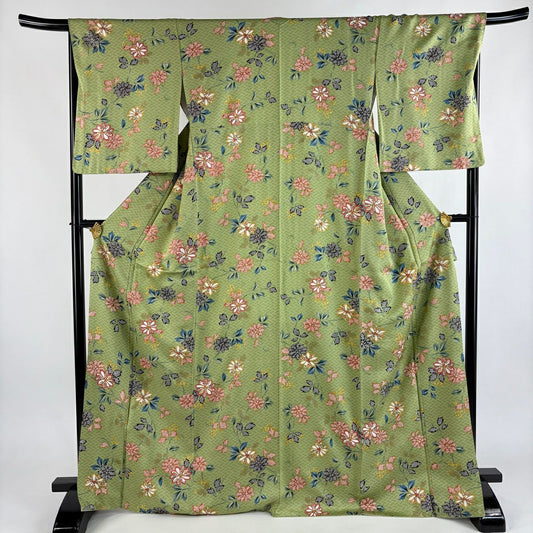 【美品】 小紋 身長168.5cm 袖長67cm M 雙層 草花紋紋 桧垣 金銀彩 艾草色 純蠶絲 秀品級
