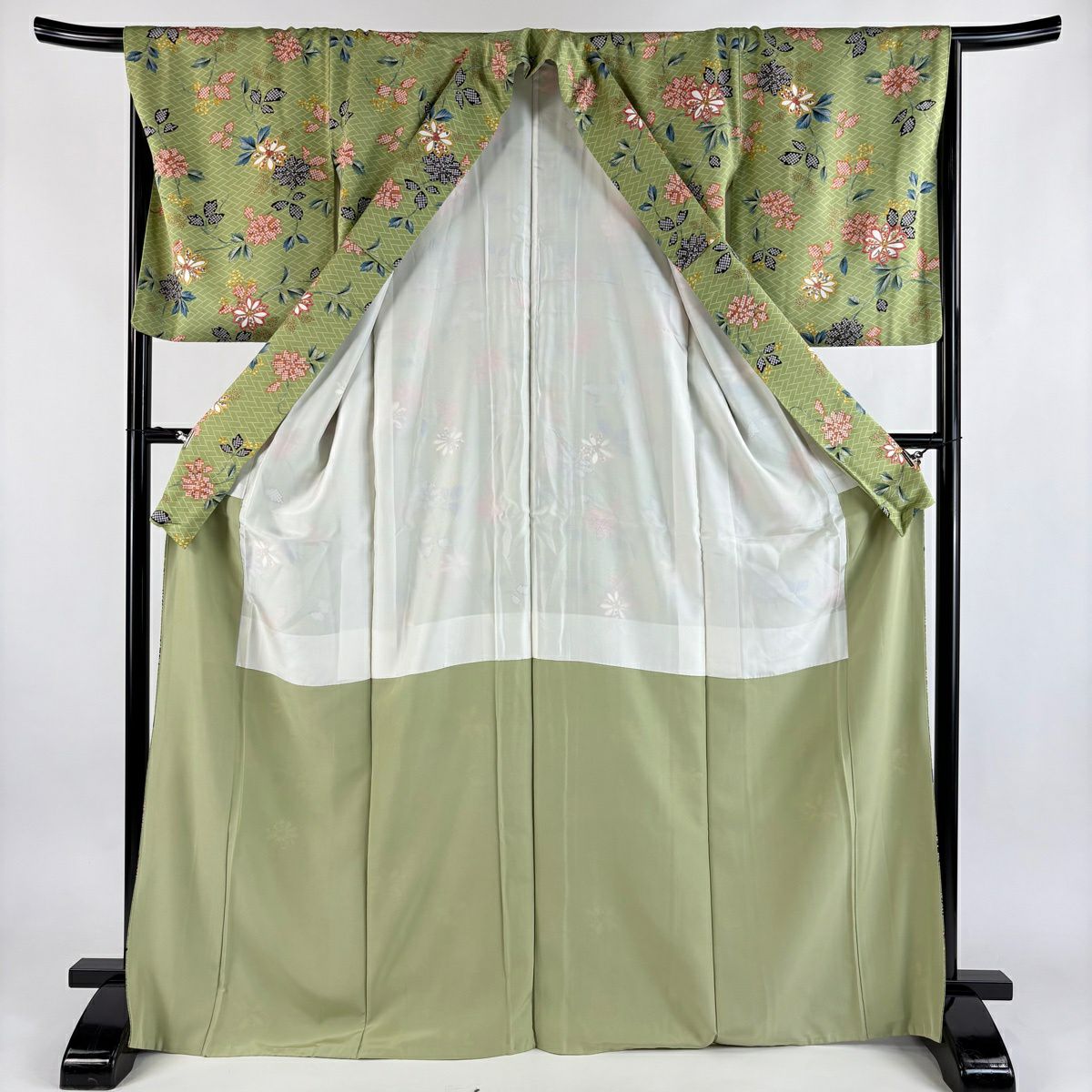 【美品】 小紋 身長168.5cm 袖長67cm M 雙層 草花紋紋 桧垣 金銀彩 艾草色 純蠶絲 秀品級