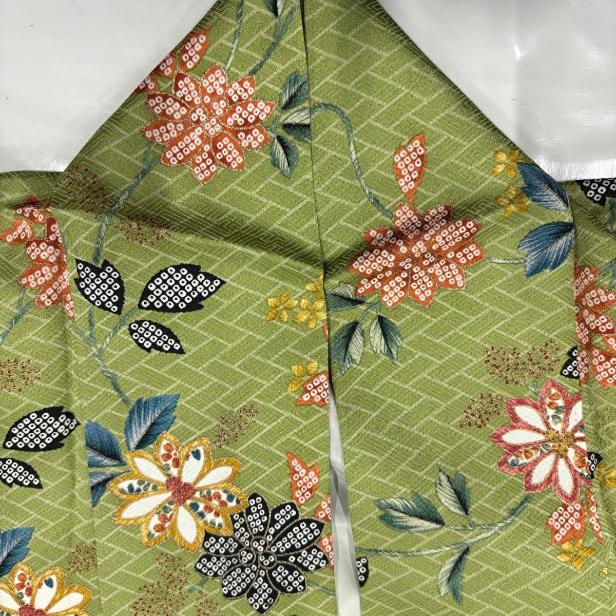【美品】 小紋 身長168.5cm 袖長67cm M 雙層 草花紋紋 桧垣 金銀彩 艾草色 純蠶絲 秀品級